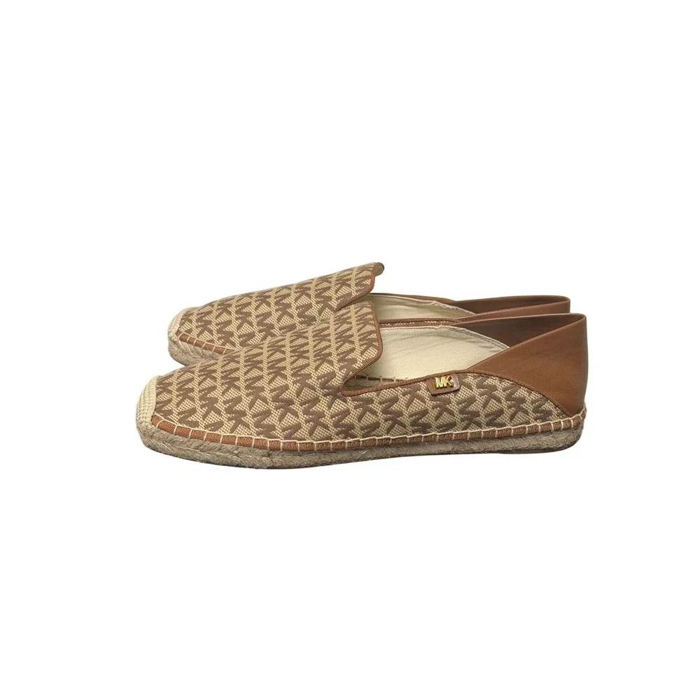 Michael Kors Shaila Espadrille Women 9.5 Brown Beige Monogram Logo Square Toe